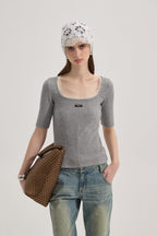 Grey Square-Neck Trimmed Top