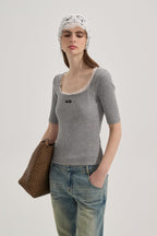 Grey Square-Neck Trimmed Top