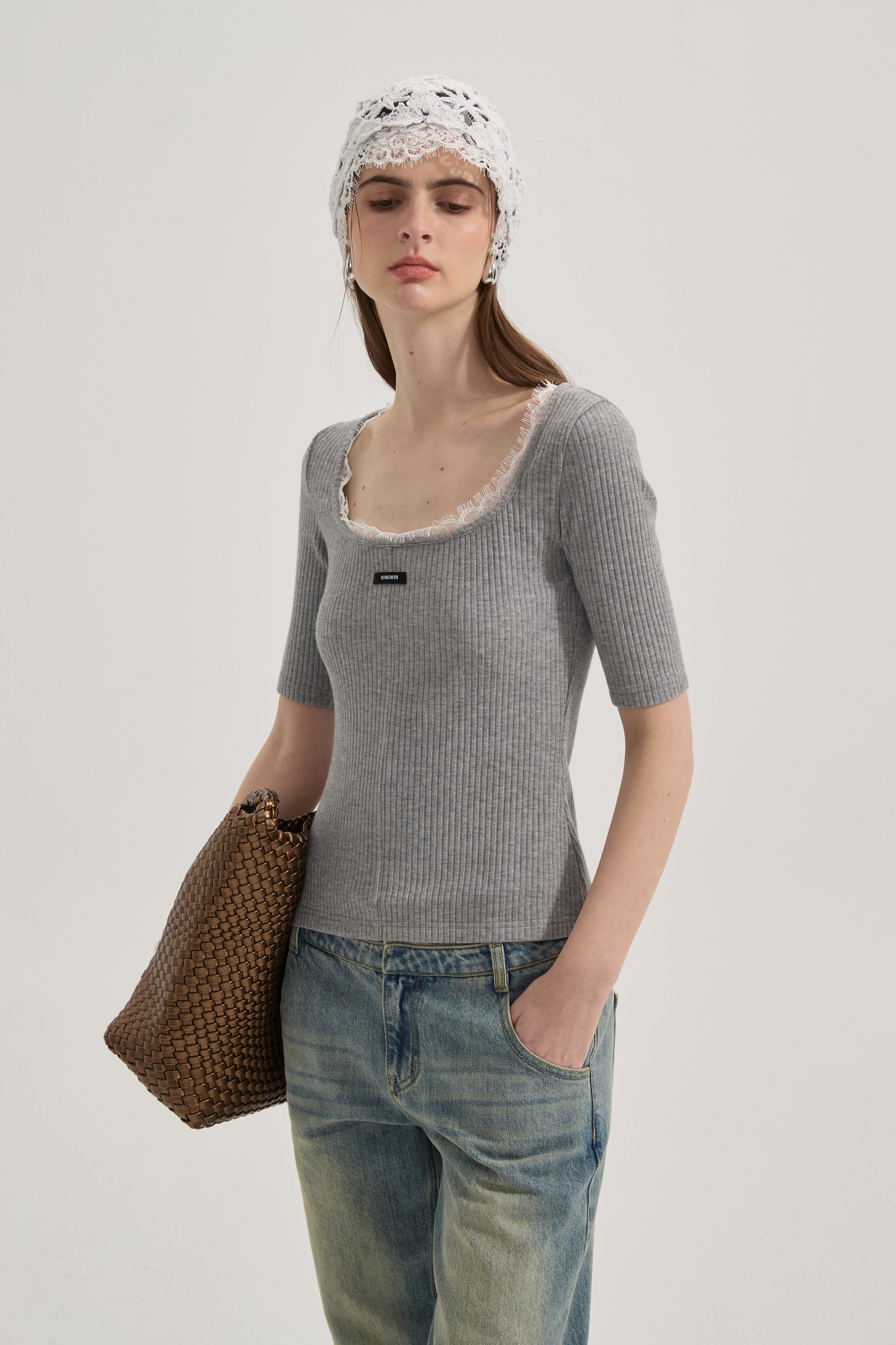 Grey Square-Neck Trimmed Top