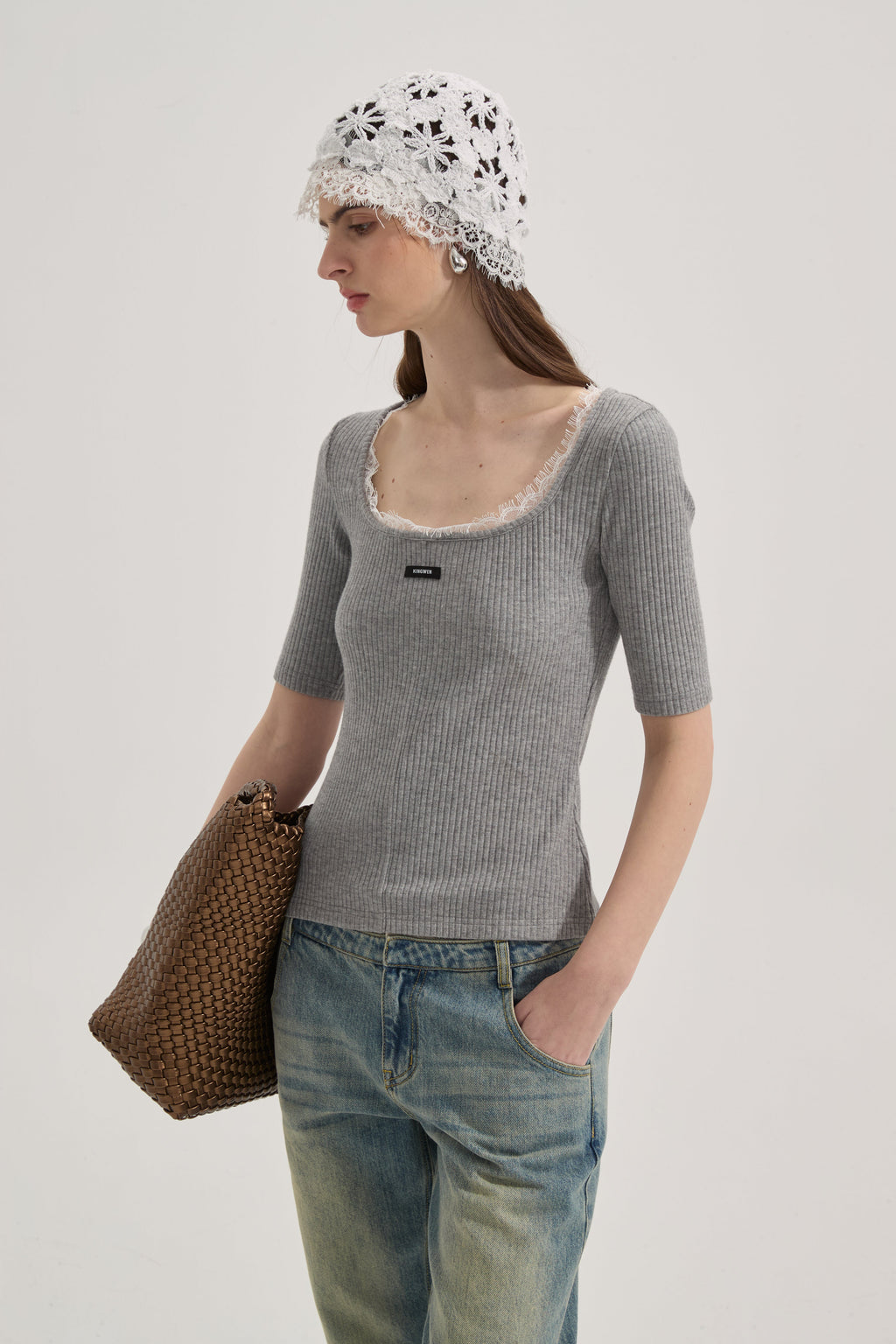 Grey Square-Neck Trimmed Top