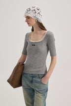 Grey Square-Neck Trimmed Top