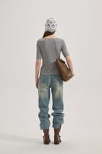 Grey Square-Neck Trimmed Top