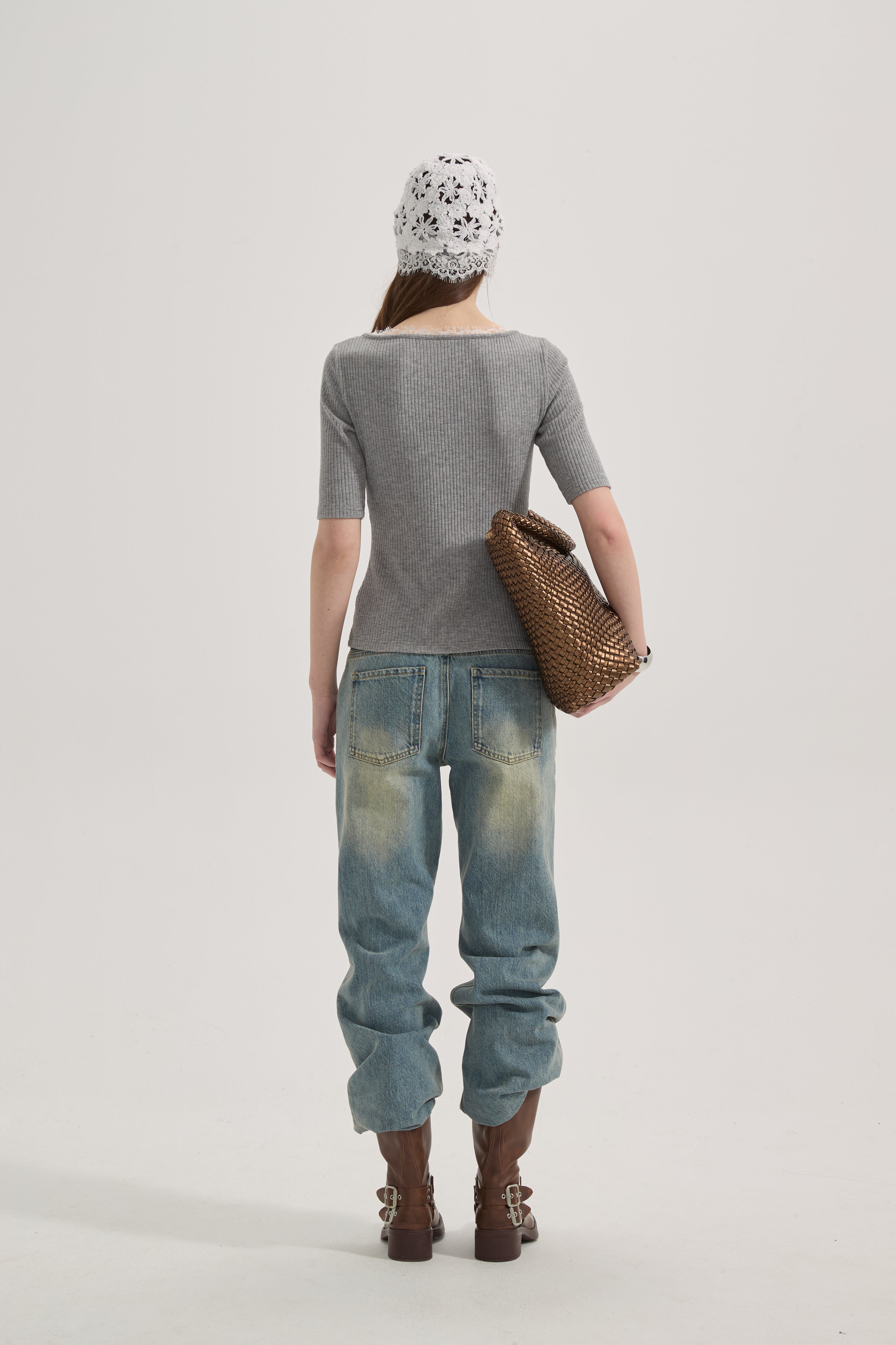 Grey Square-Neck Trimmed Top