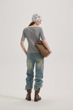 Grey Square-Neck Trimmed Top