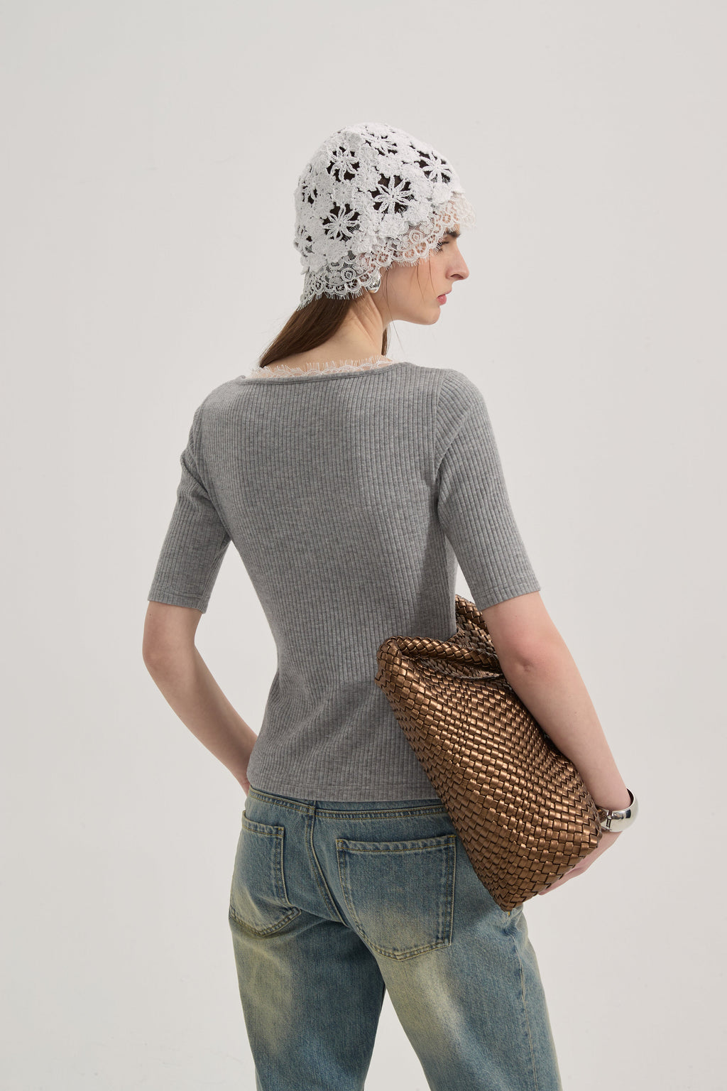 Grey Square-Neck Trimmed Top