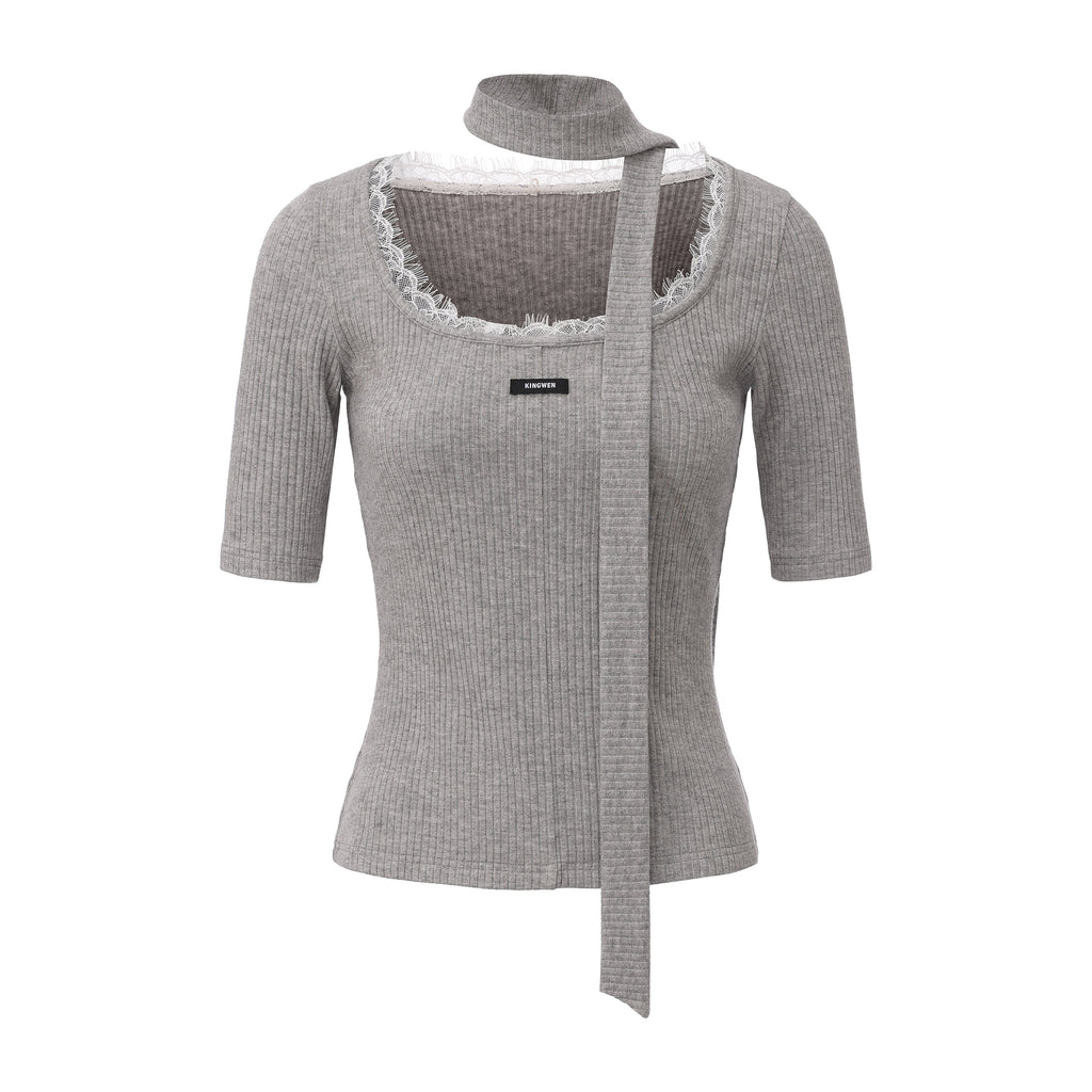 Grey Square-Neck Trimmed Top