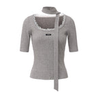 Grey Square-Neck Trimmed Top