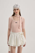 Pink Square-neck Trimmed Top
