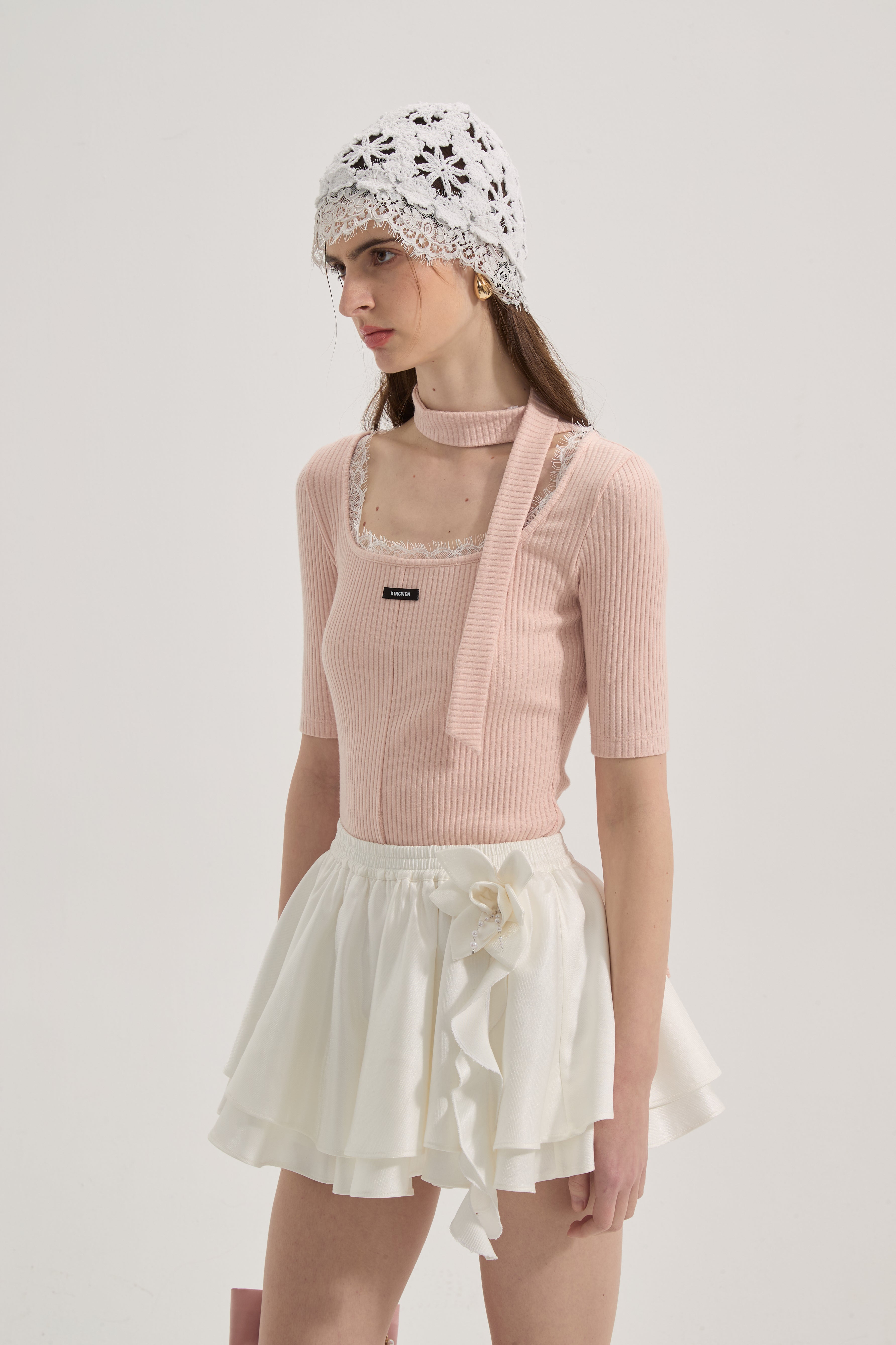 Pink Square-neck Trimmed Top