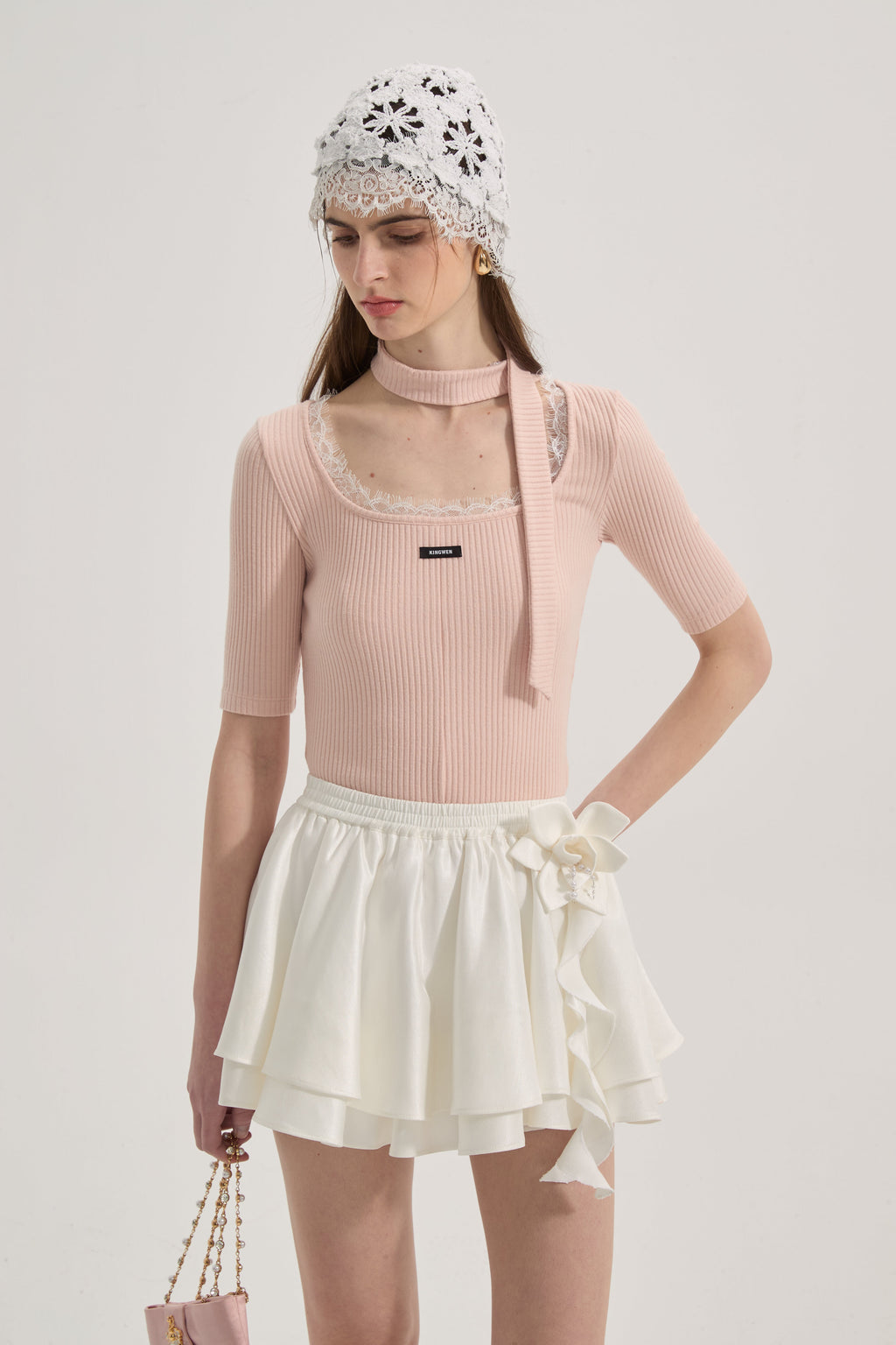 Pink Square-neck Trimmed Top