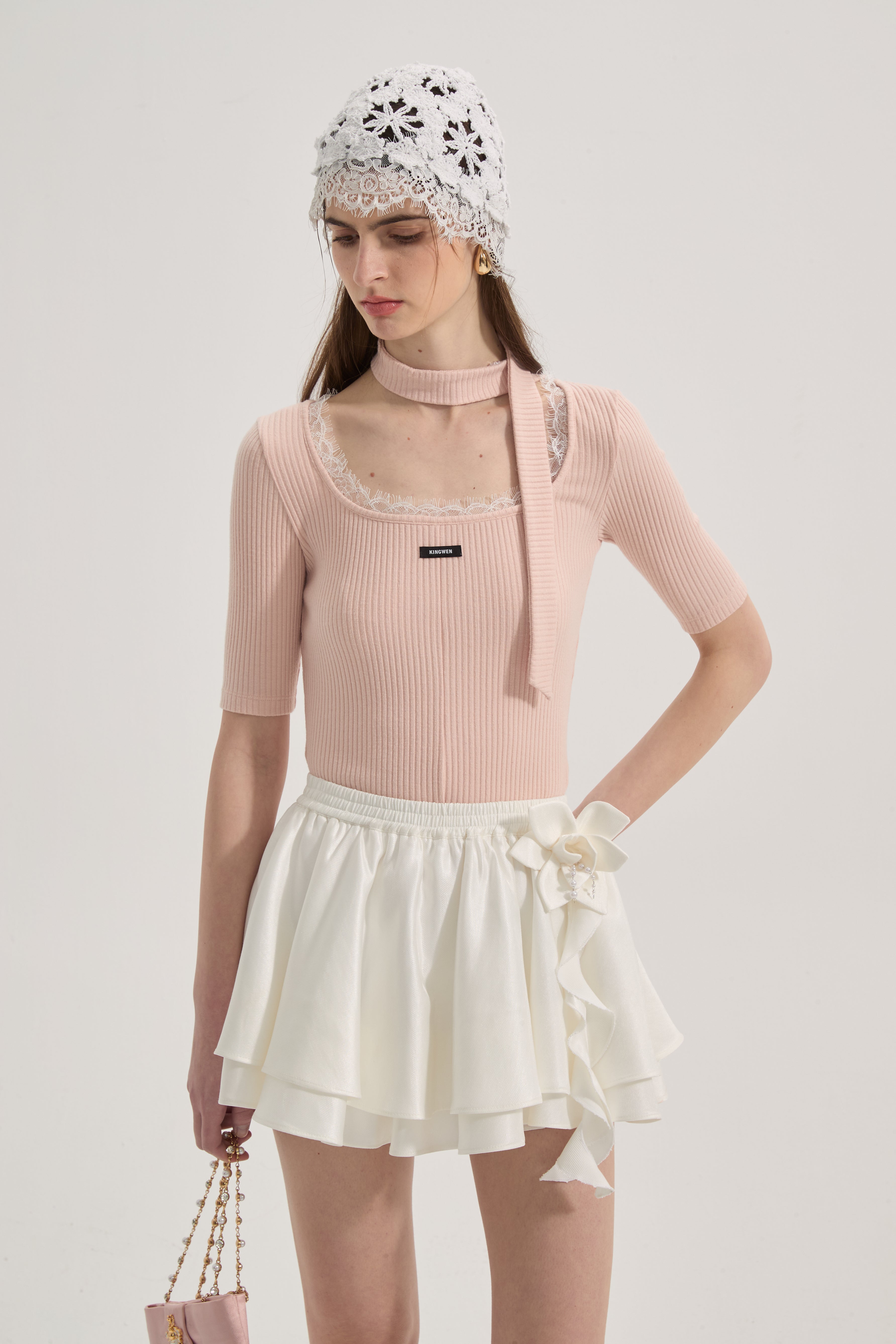 Pink Square-neck Trimmed Top