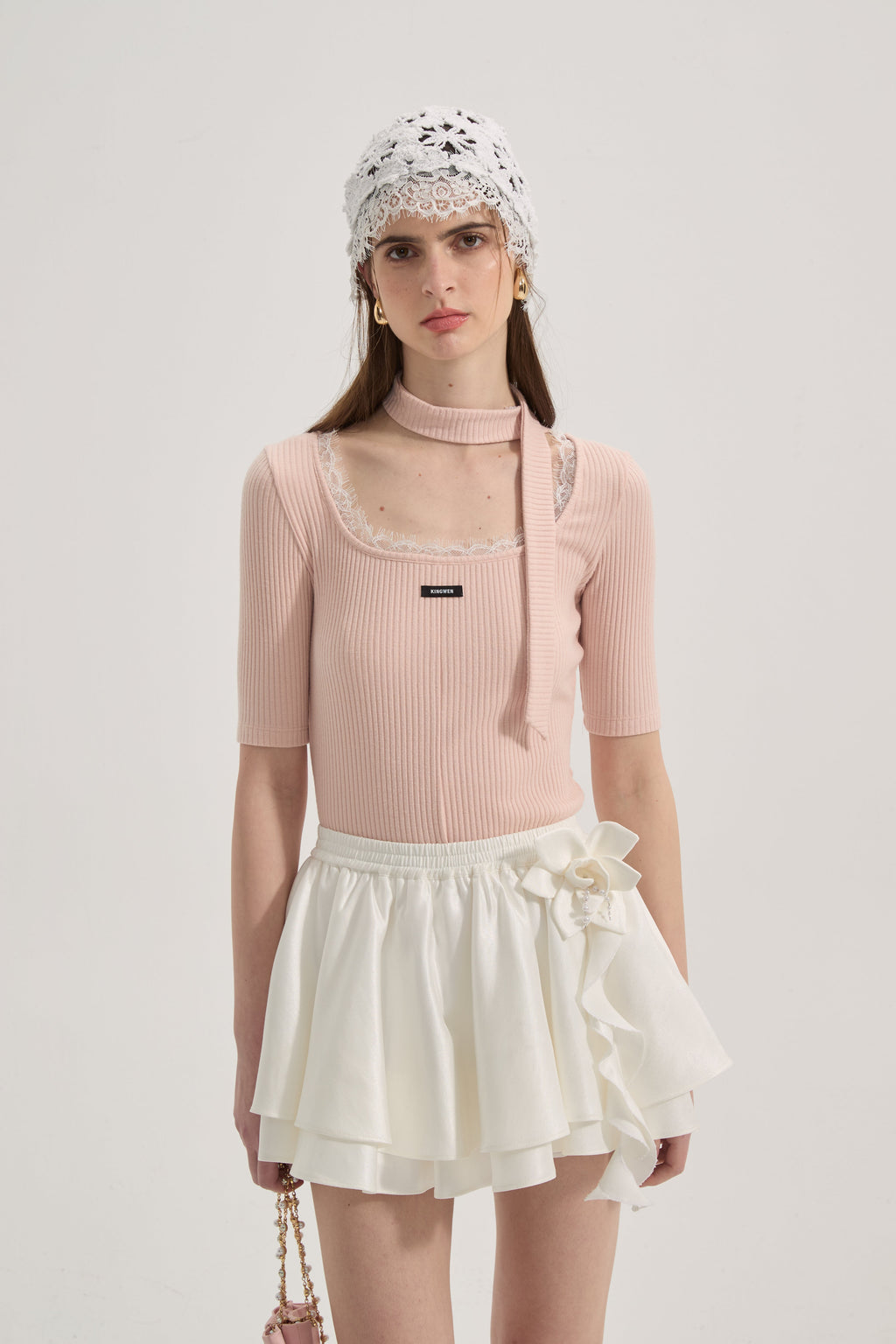 Pink Square-neck Trimmed Top