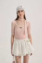 Pink Square-neck Trimmed Top