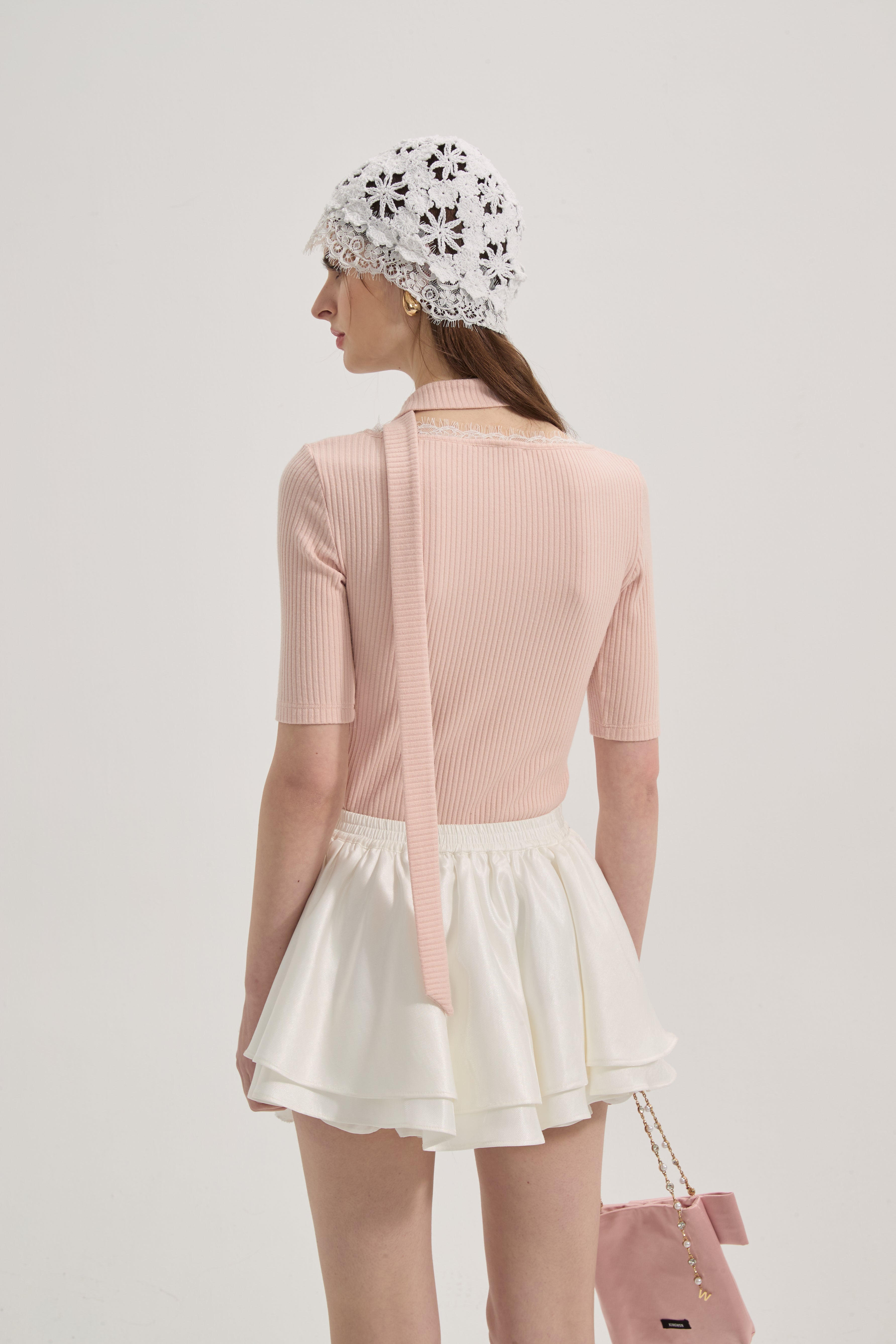 Pink Square-neck Trimmed Top