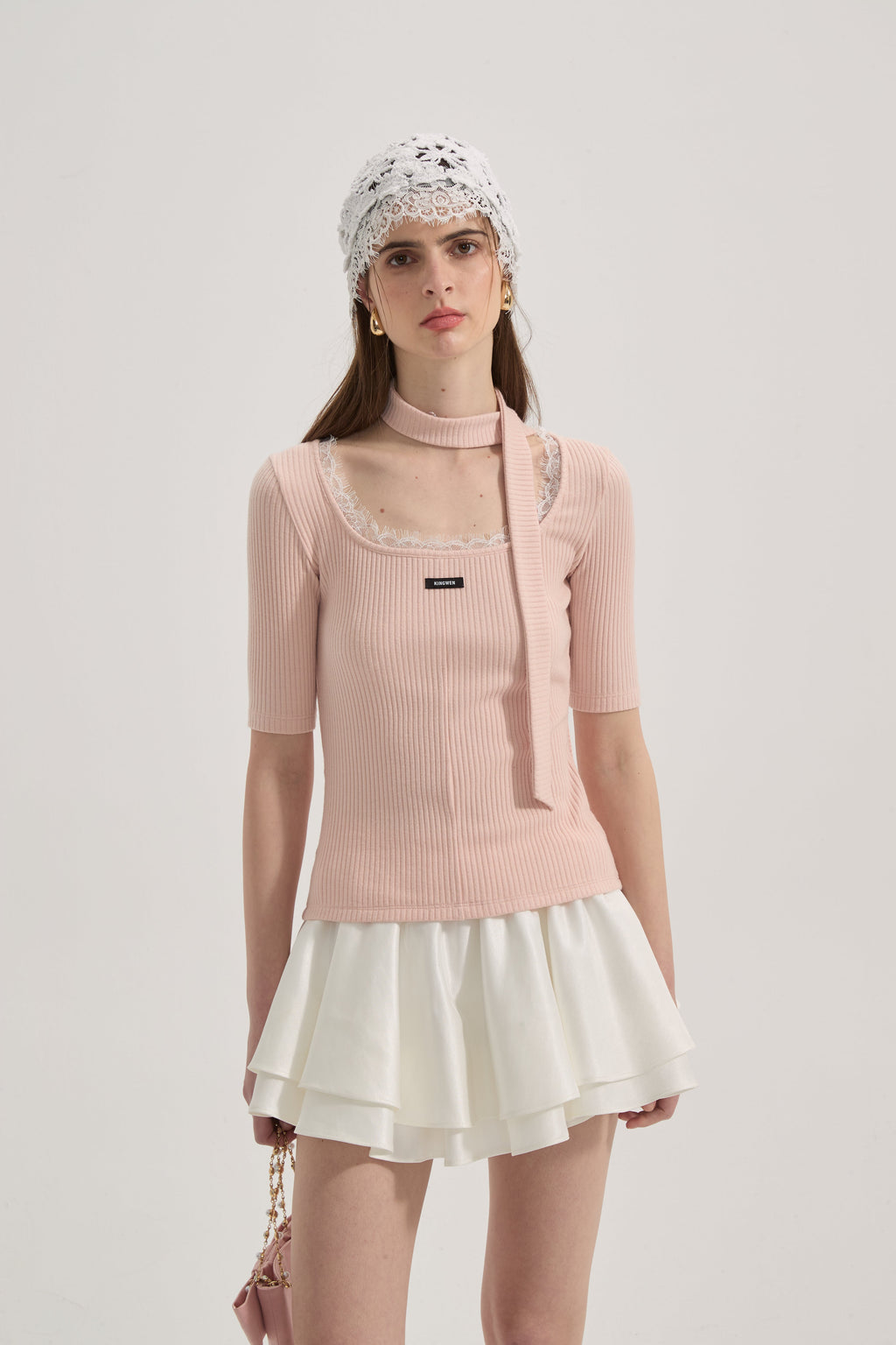 Pink Square-neck Trimmed Top