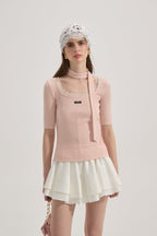 Pink Square-neck Trimmed Top