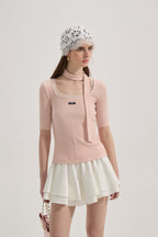 Pink Square-neck Trimmed Top