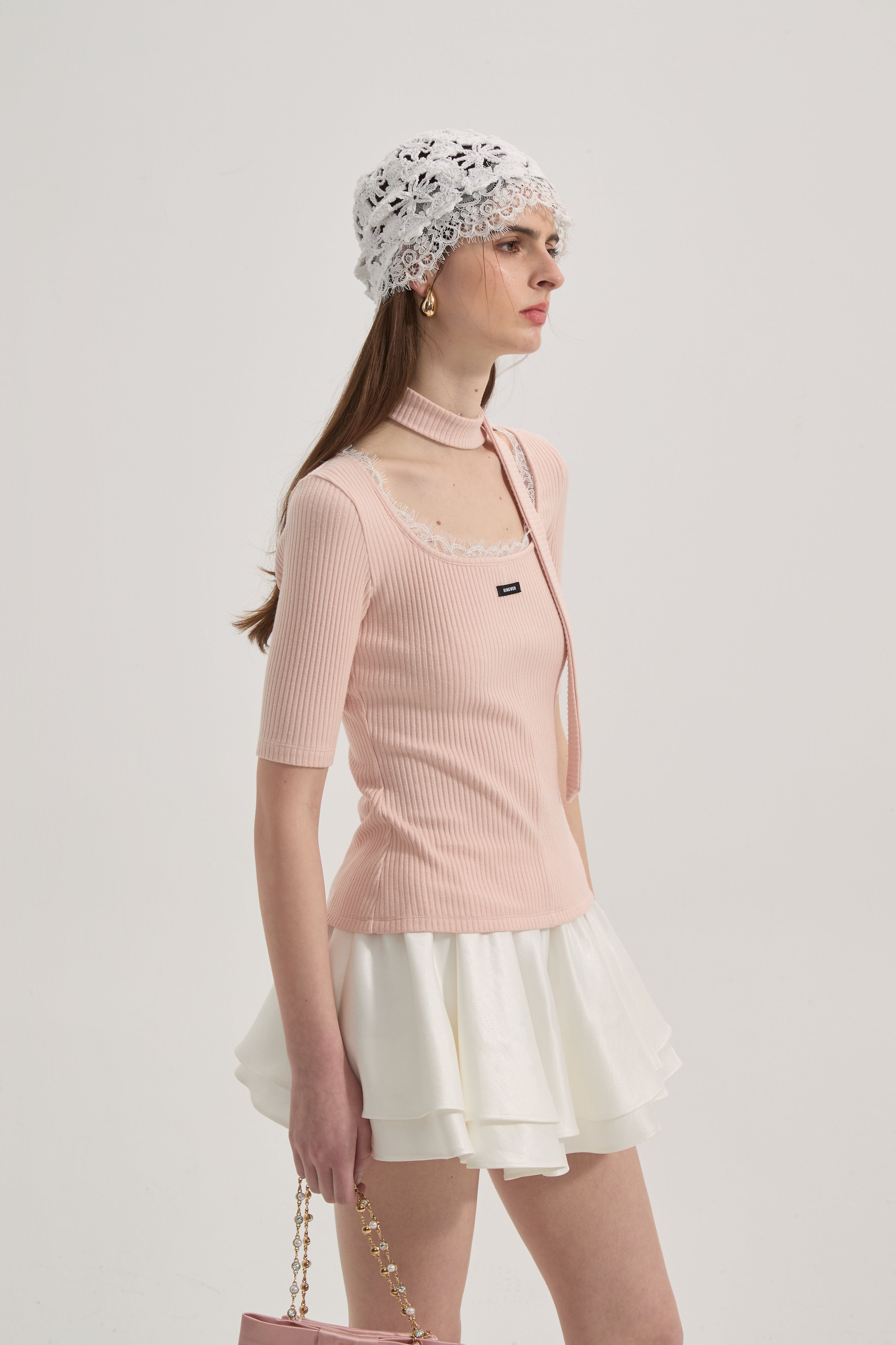 Pink Square-neck Trimmed Top