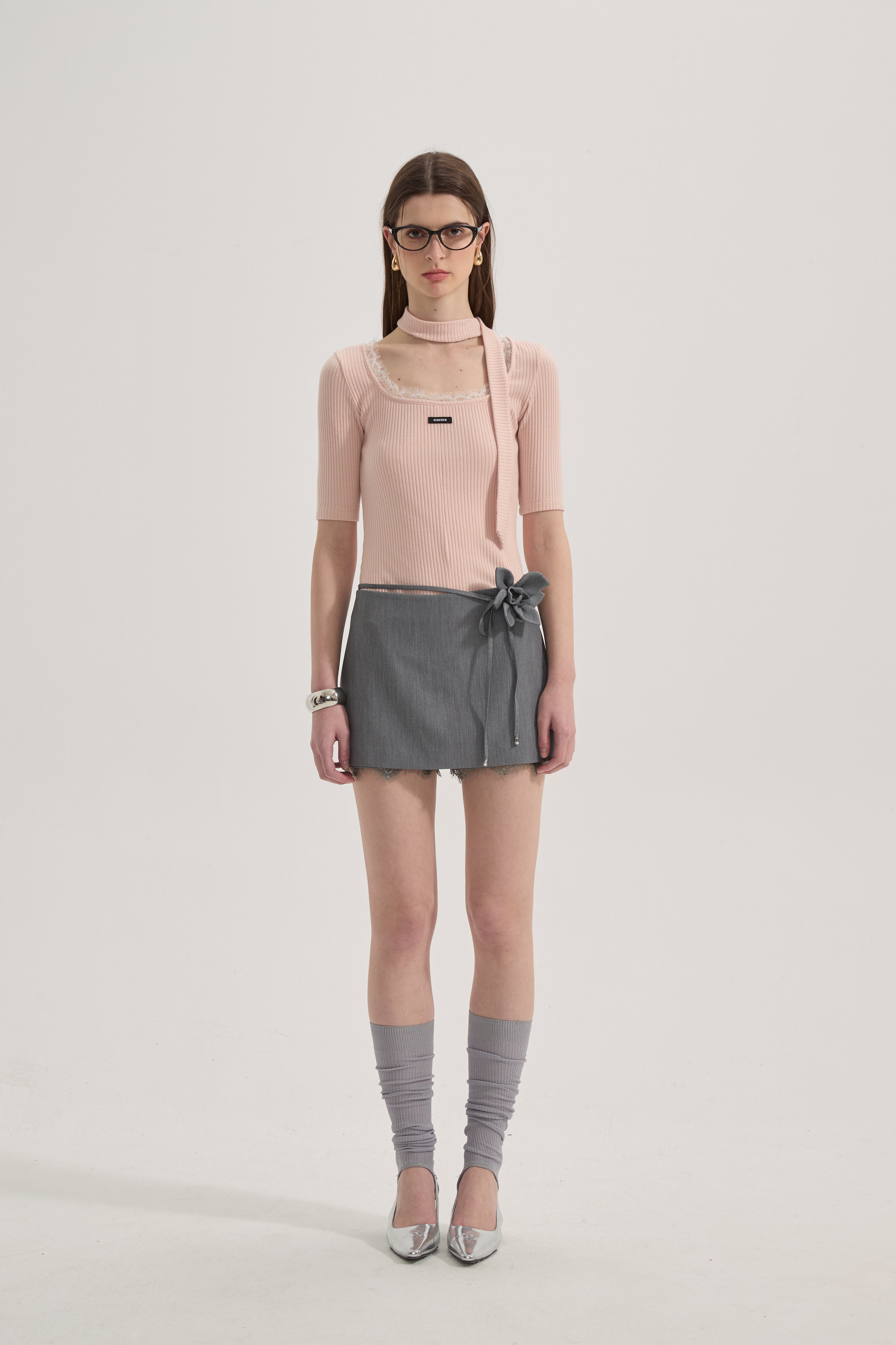 Pink Square-neck Trimmed Top