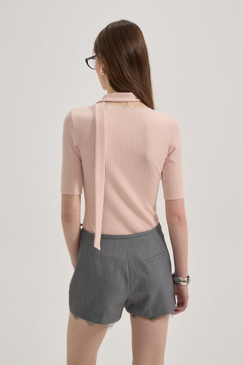 Pink Square-neck Trimmed Top
