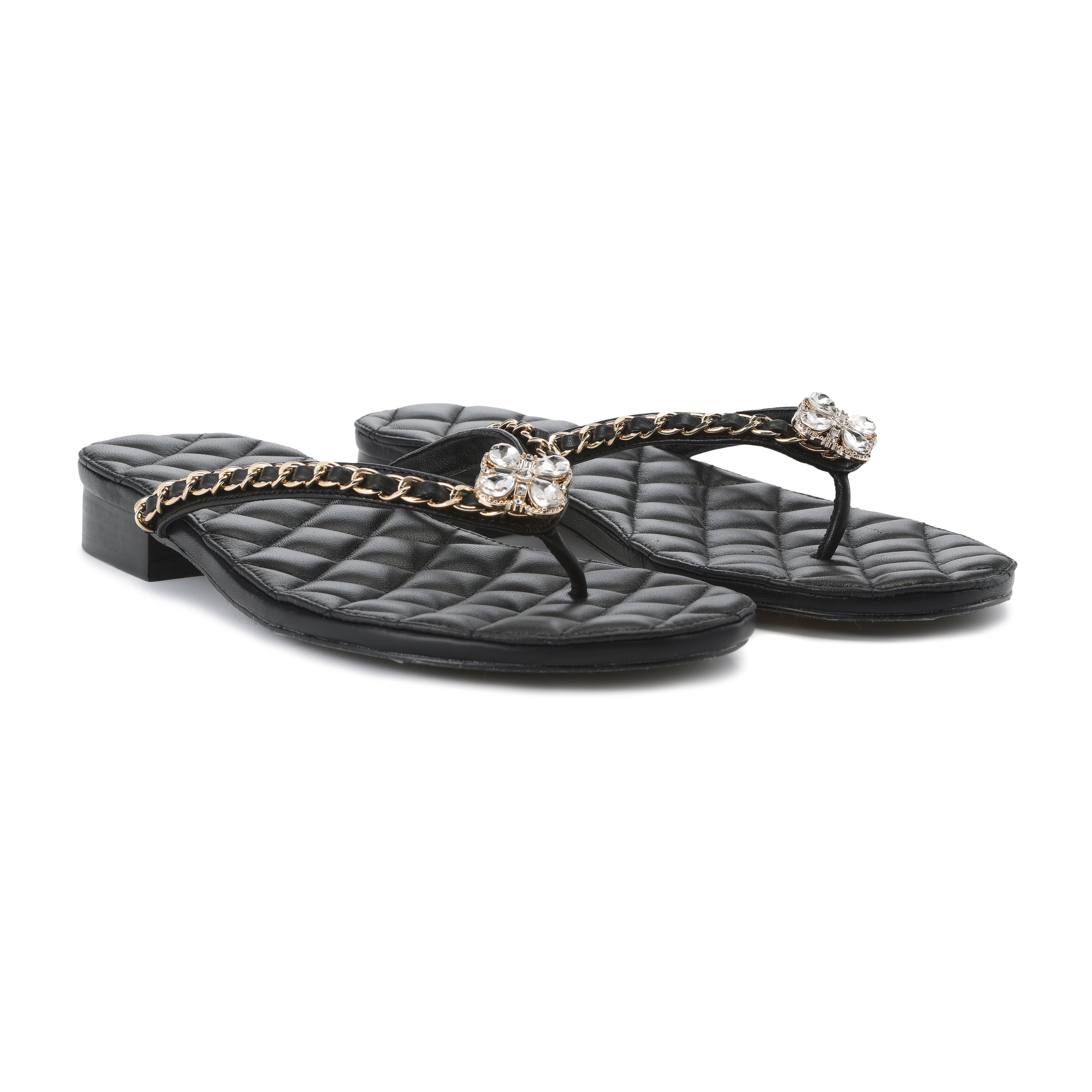 Black Diamond Buckle Chain Flip Flops