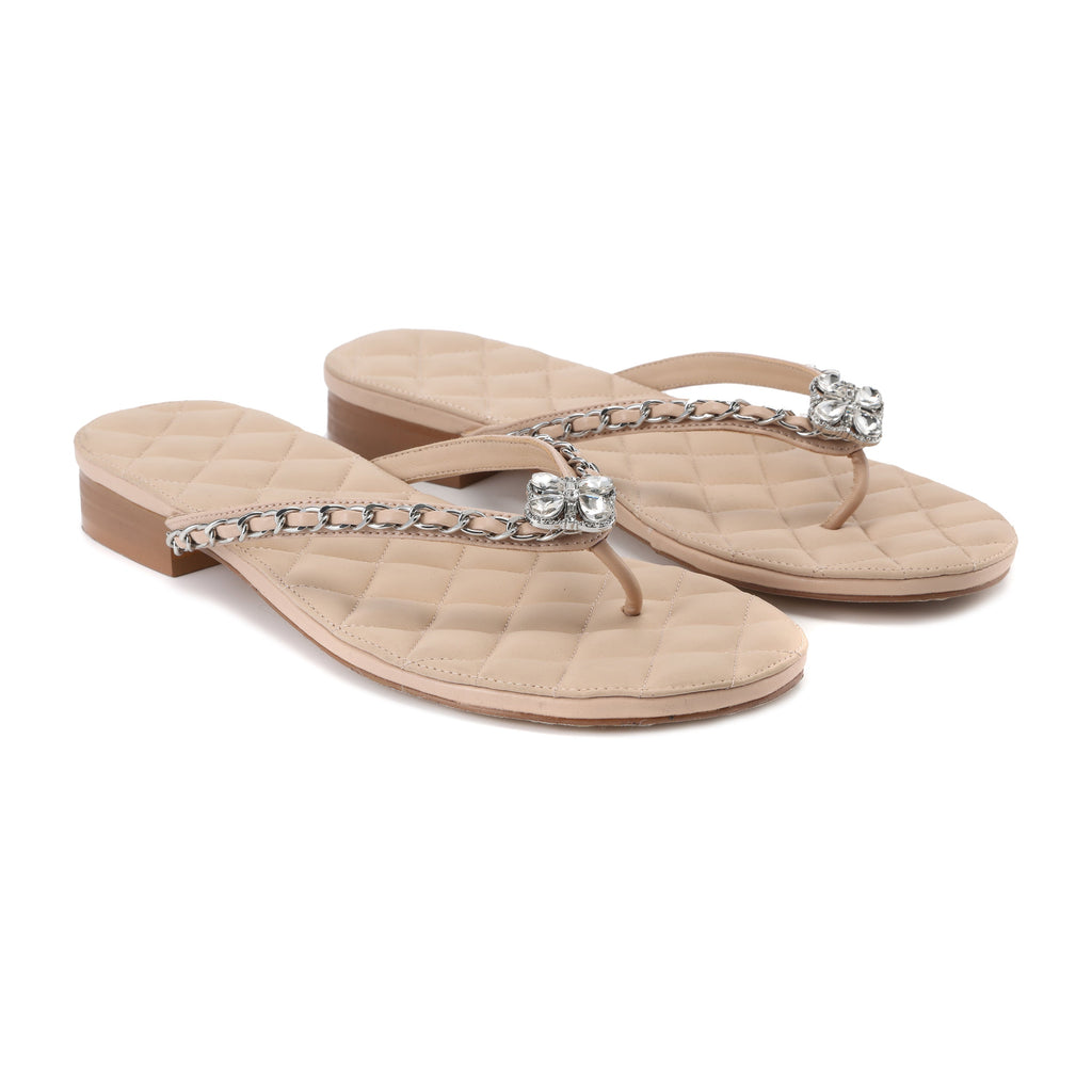 Nude Diamond Buckle Chain Flip Flops