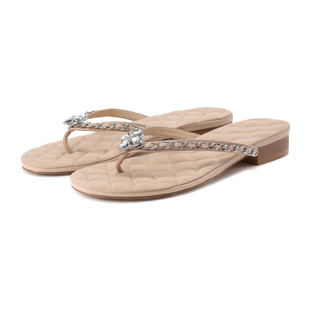 Nude Diamond Buckle Chain Flip Flops