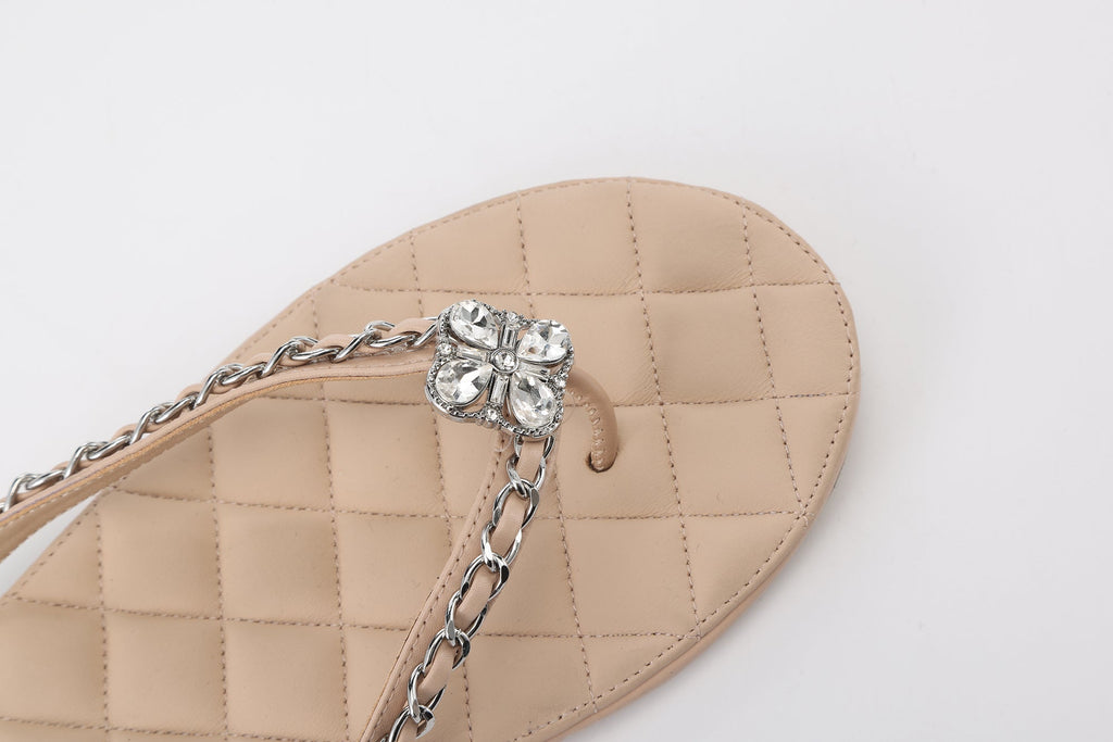 Nude Diamond Buckle Chain Flip Flops
