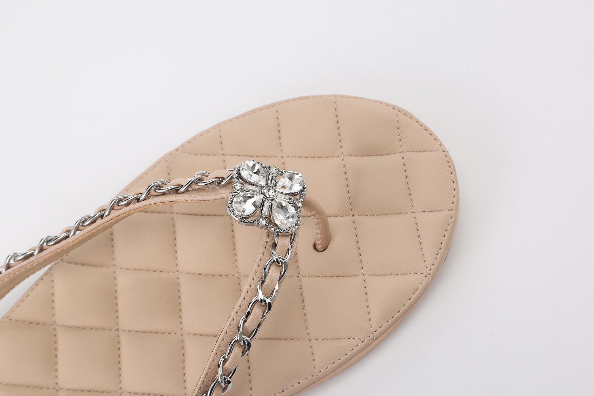 Nude Diamond Buckle Chain Flip Flops