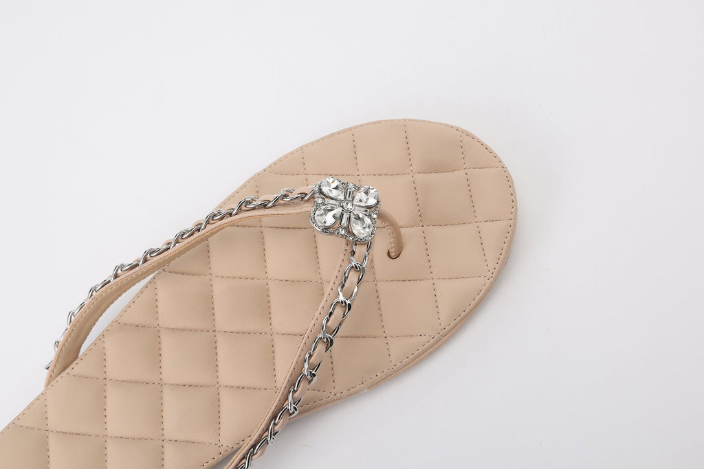 Nude Diamond Buckle Chain Flip Flops