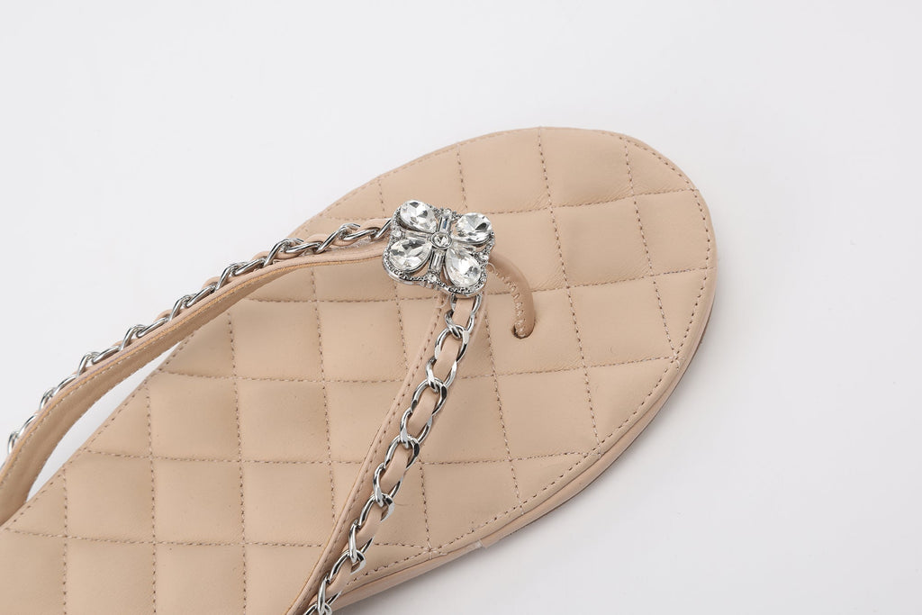 Nude Diamond Buckle Chain Flip Flops
