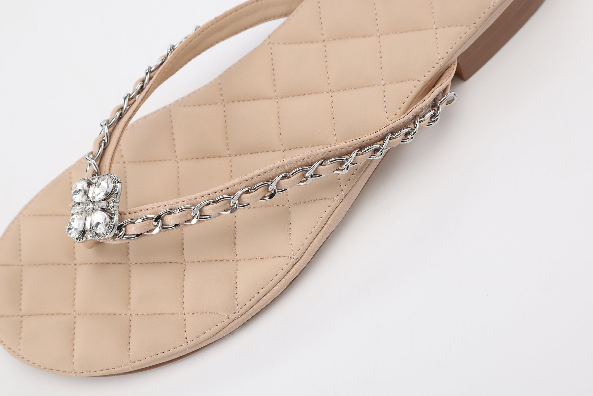 Nude Diamond Buckle Chain Flip Flops