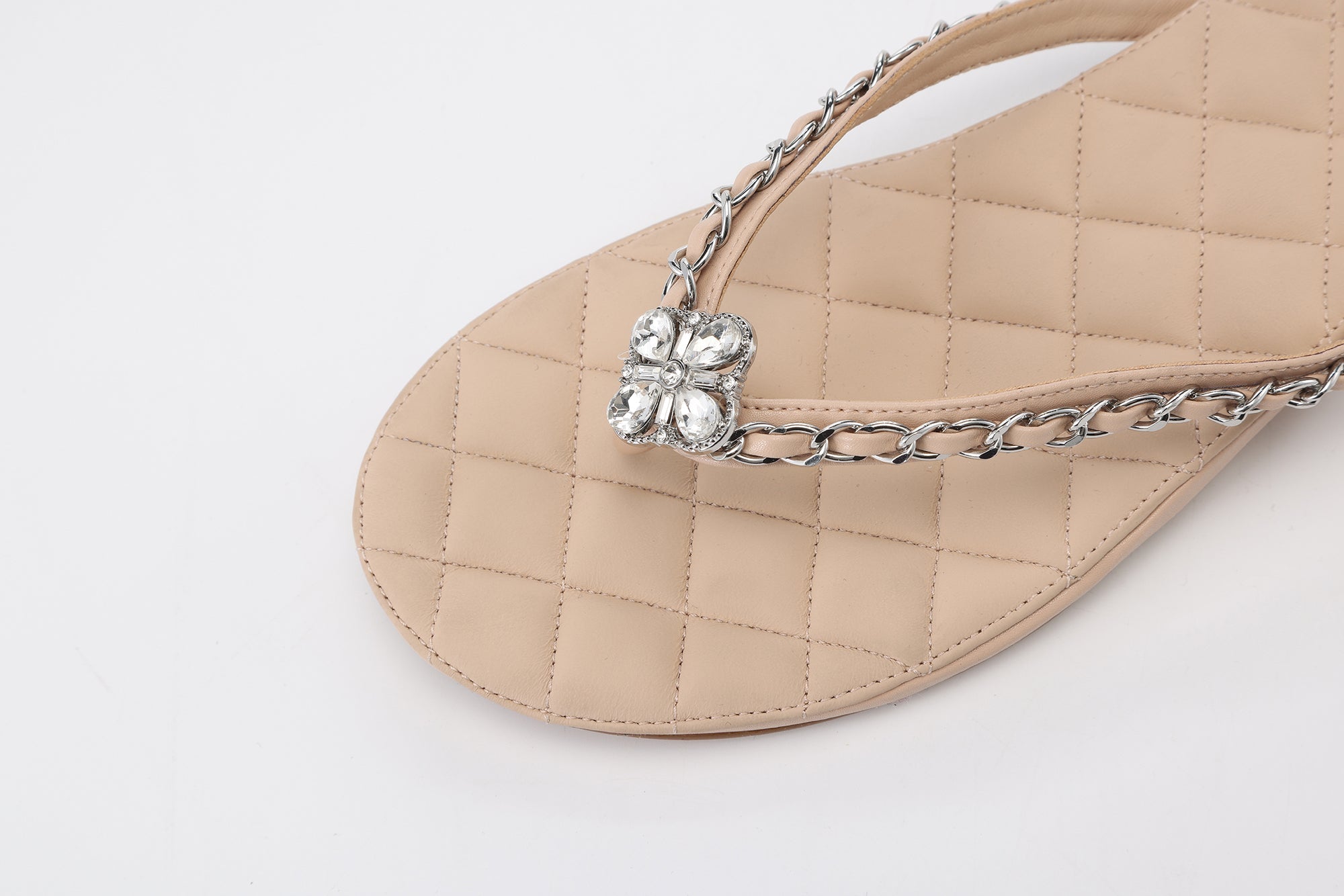 Nude Diamond Buckle Chain Flip Flops