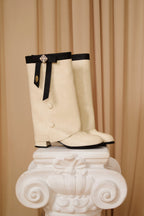 White & Black Spliced Bow Shaft Ankle Boots
