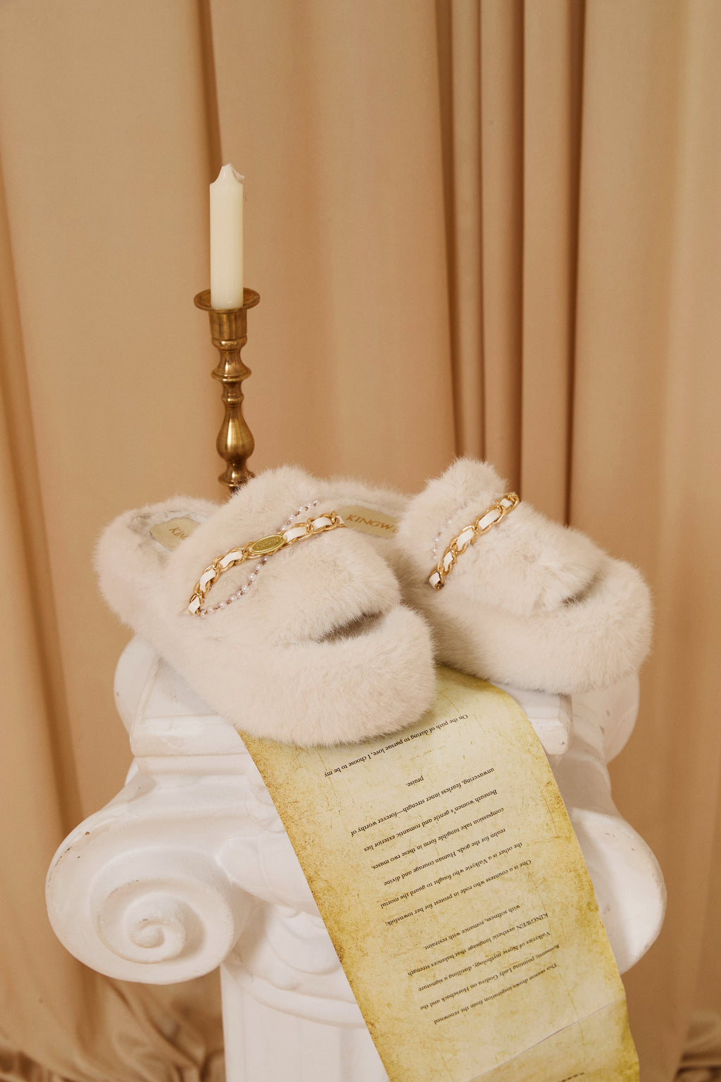 White Platform Chain Pearl Furry Slippers