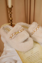 White Platform Chain Pearl Furry Slippers