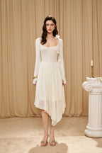 White U-Neck Long-Sleeve Panel Dress with Iris Floral Tie