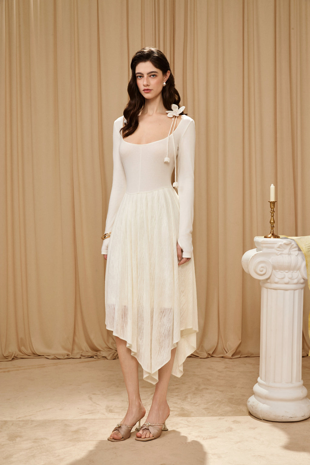 White U-Neck Long-Sleeve Panel Dress with Iris Floral Tie