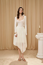 White U-Neck Long-Sleeve Panel Dress with Iris Floral Tie