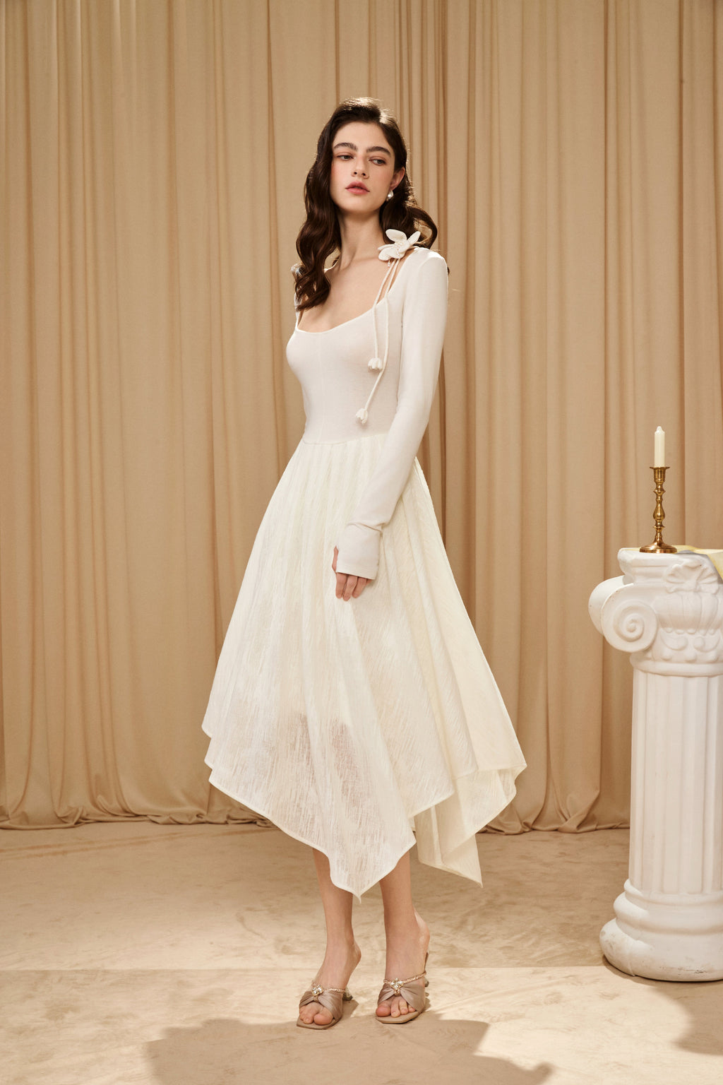 White U-Neck Long-Sleeve Panel Dress with Iris Floral Tie