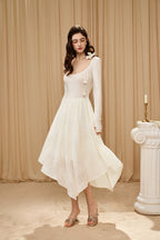 White U-Neck Long-Sleeve Panel Dress with Iris Floral Tie