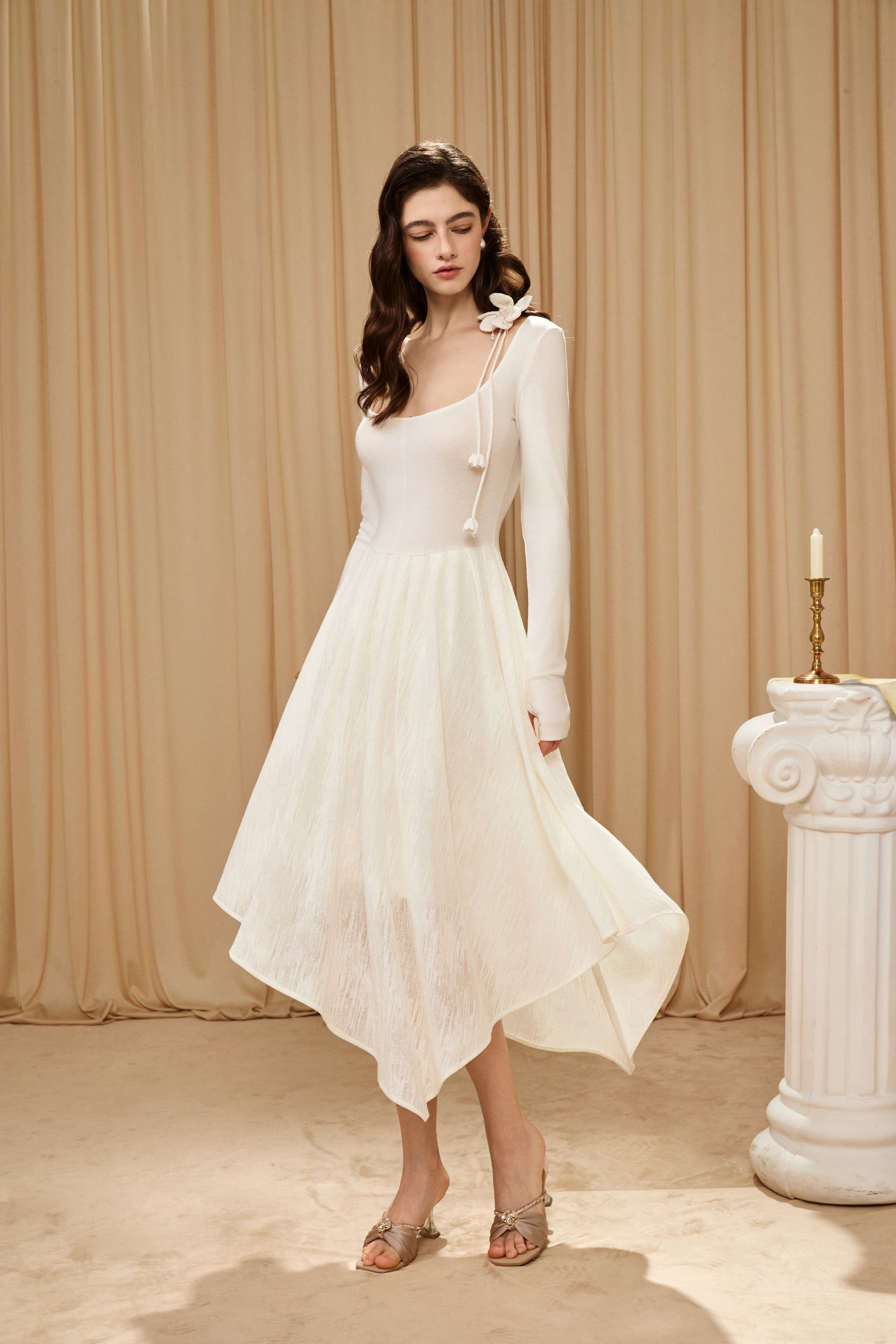 White U-Neck Long-Sleeve Panel Dress with Iris Floral Tie