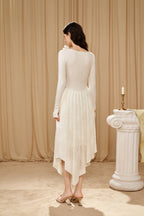 White U-Neck Long-Sleeve Panel Dress with Iris Floral Tie