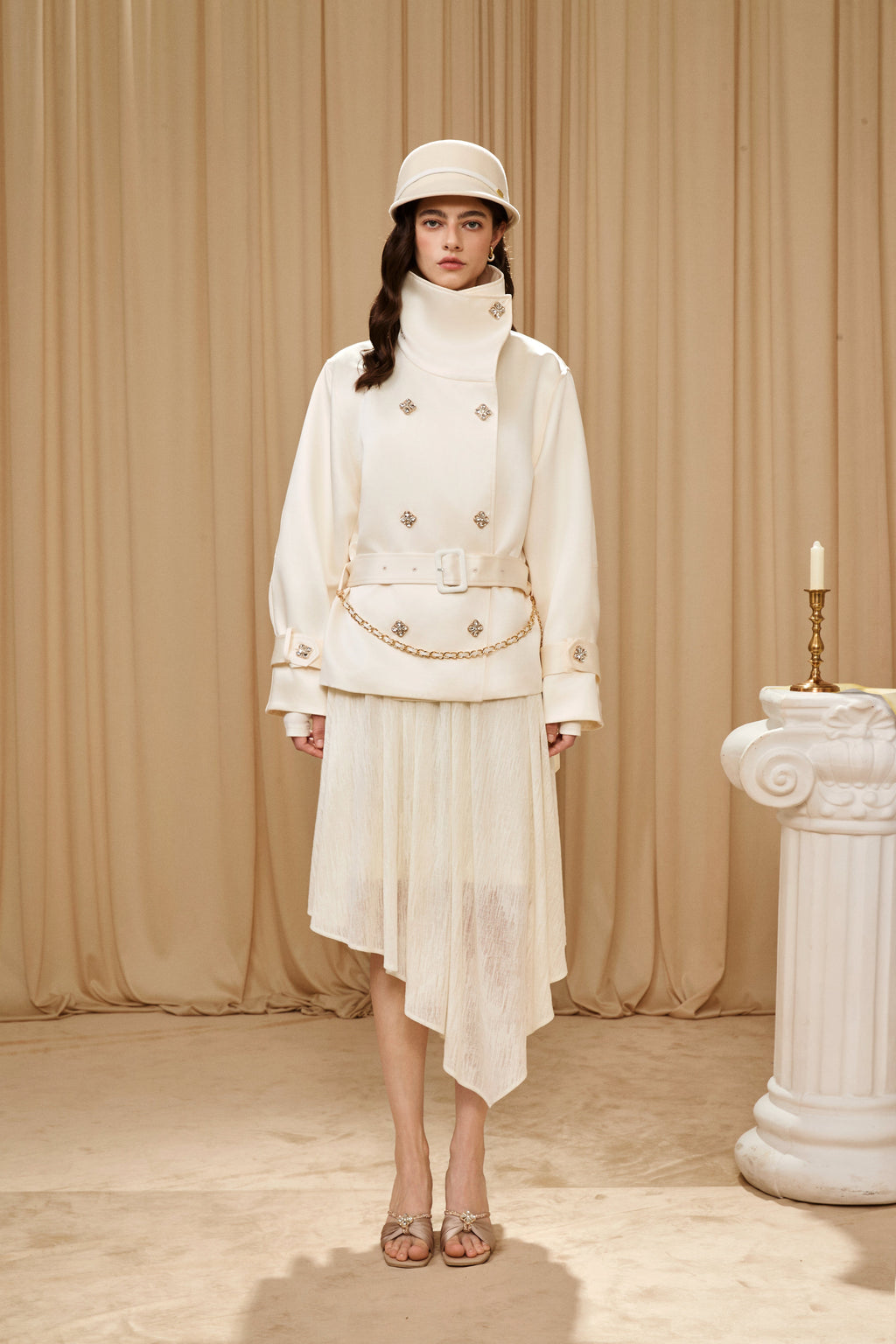 White Stand Collar Double-Breasted Chain Trench Coat