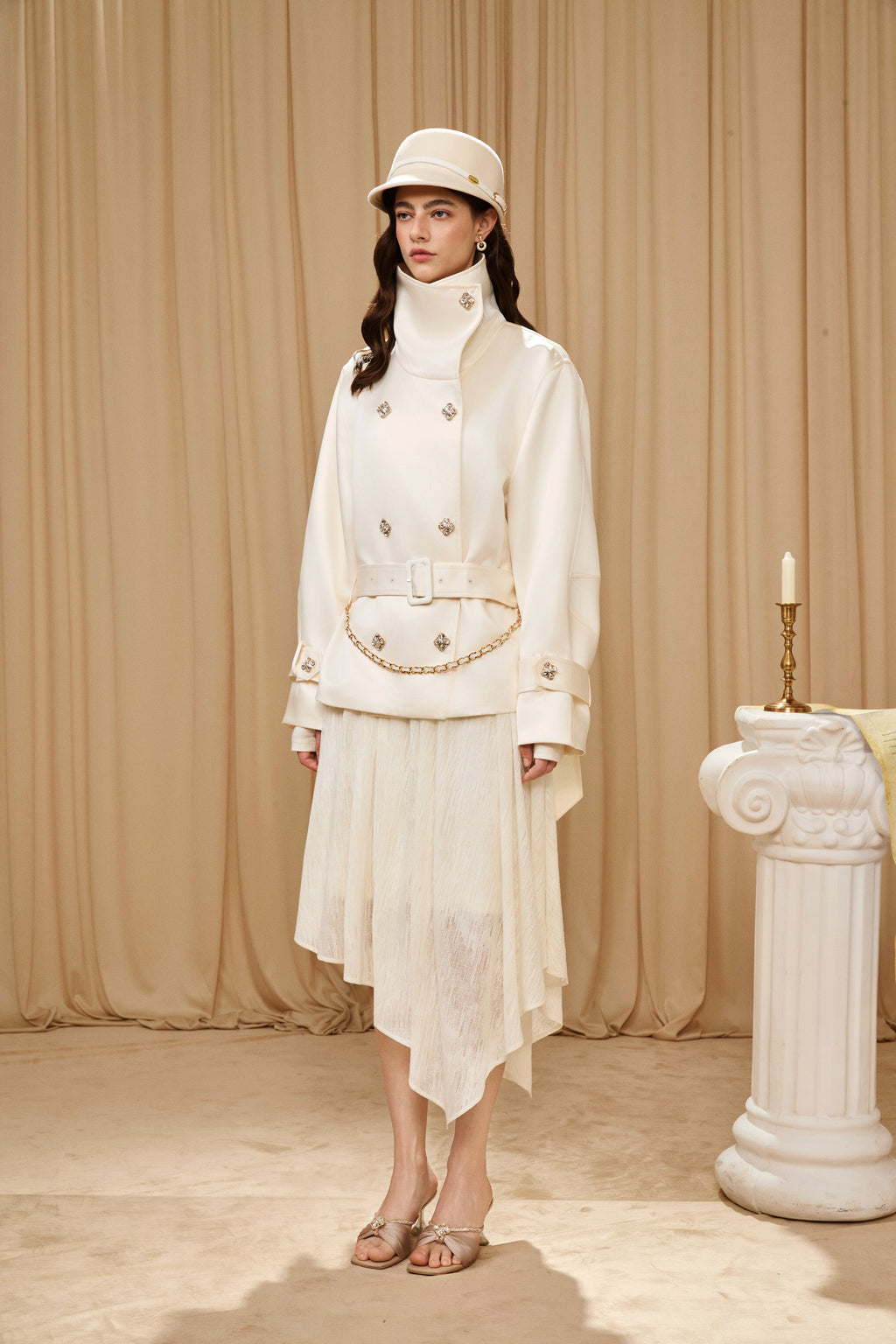 White Stand Collar Double-Breasted Chain Trench Coat