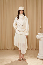 White Stand Collar Double-Breasted Chain Trench Coat