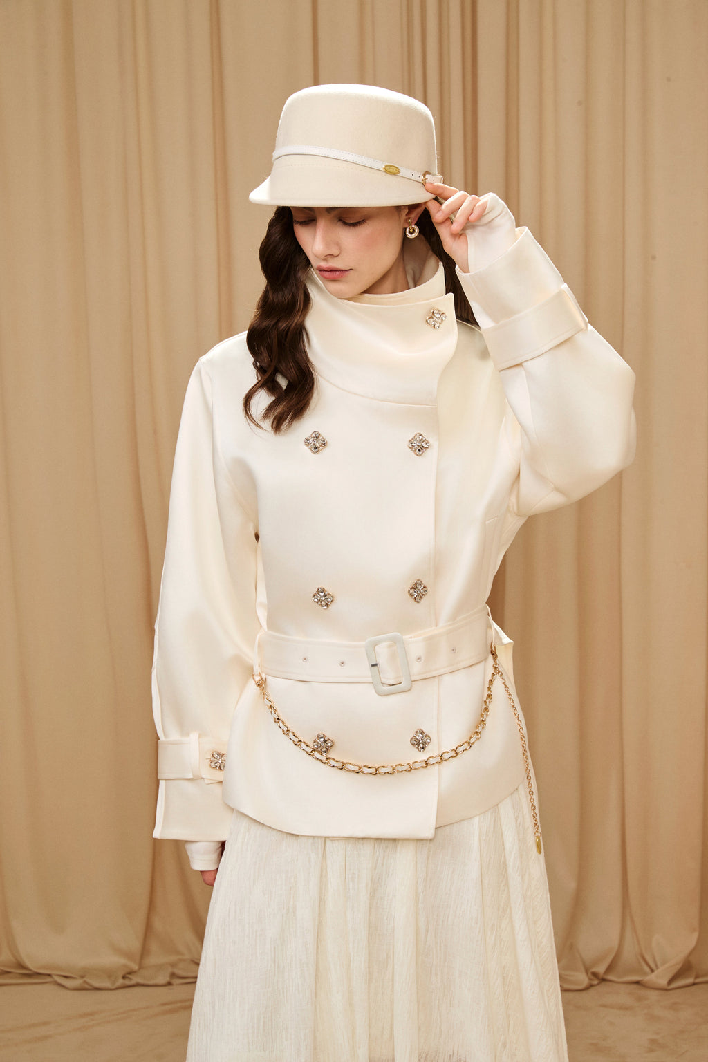 White Stand Collar Double-Breasted Chain Trench Coat