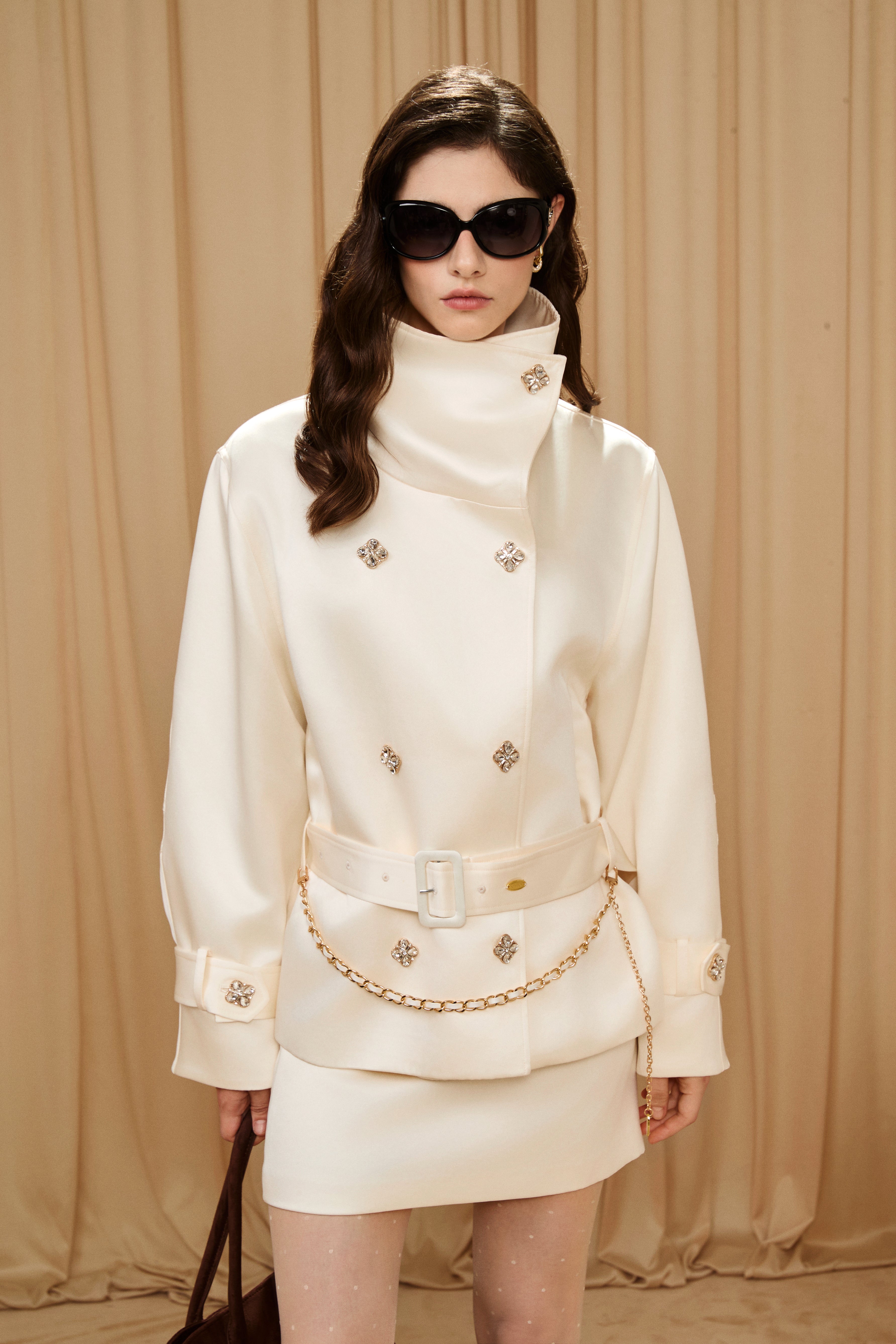 White Stand Collar Double-Breasted Chain Trench Coat