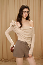 Light Camel One-Shoulder Iris Floral Knit Top