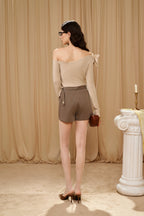 Light Camel One-Shoulder Iris Floral Knit Top